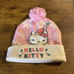 Hello Kitty Beanie Hat Cap Winter Pink/White Snow Flake Pom Cuffed  NWT